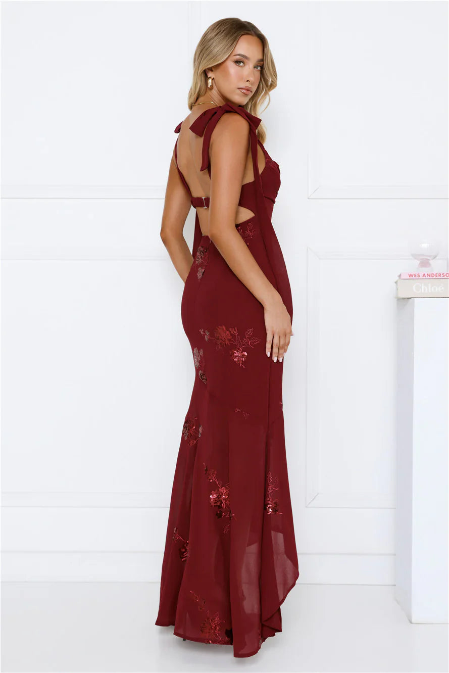 Flirty Sequin Embroidered High-Low Maxi Dress Maroon