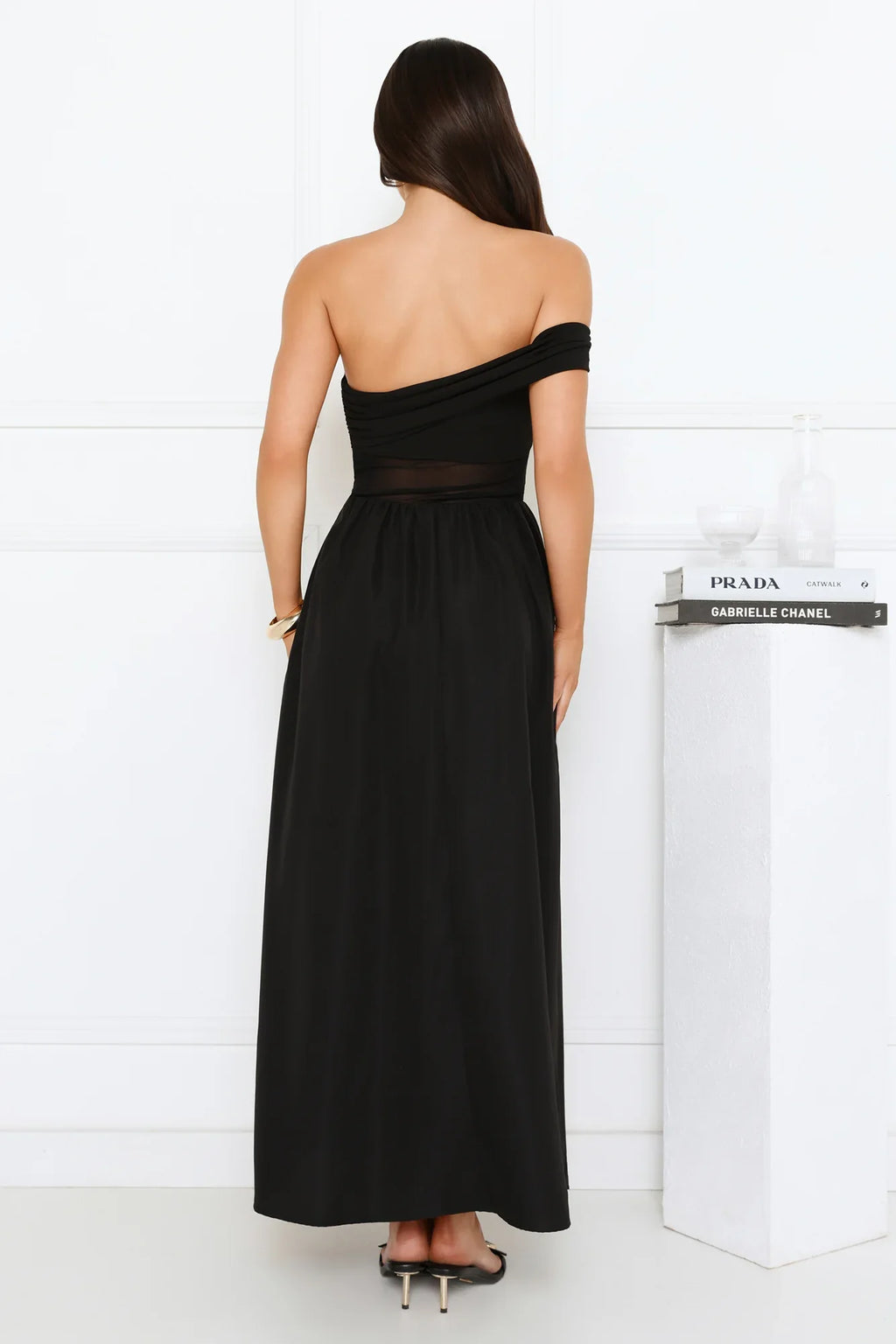 Luxe Whimsy Off Shoulder Maxi Dress Black