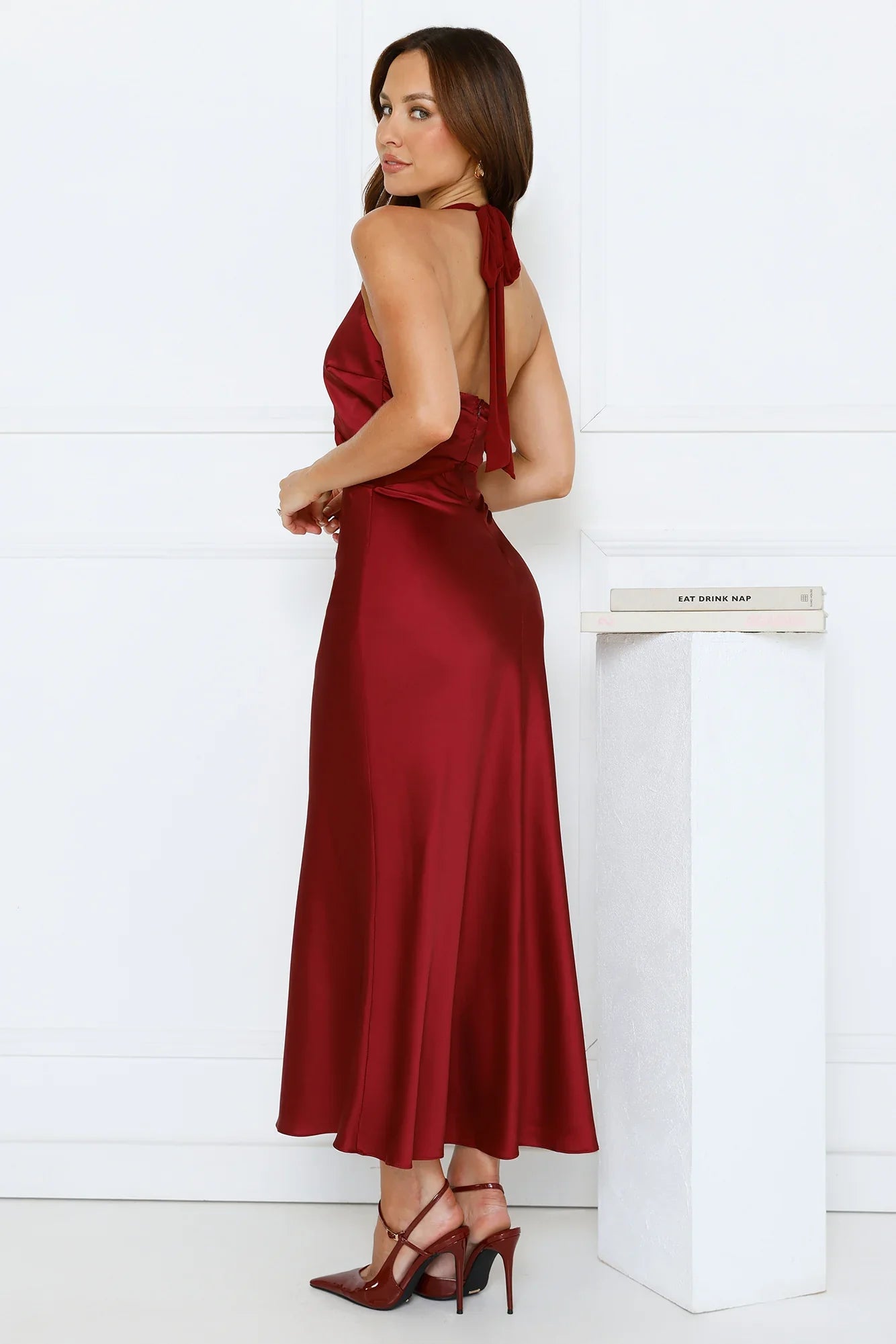 Nocturnal Bloom Satin Halter Maxi Dress Plum