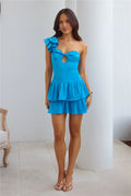 Dazzle Me One Shoulder Satin Mini Dress Blue