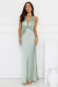 Spiced Sunset Satin Halter Maxi Dress Sage
