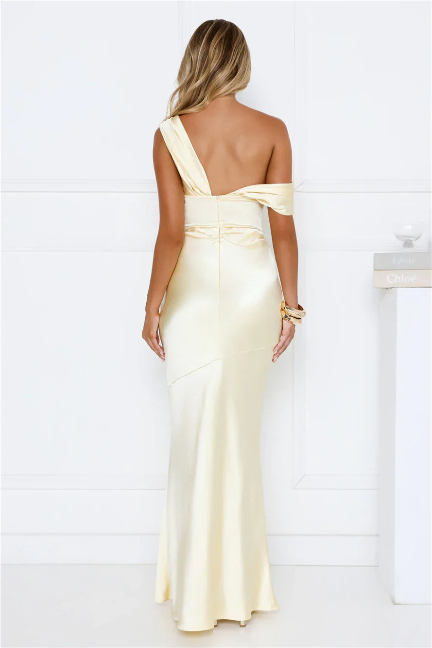 She’s A Dream Satin Off Shoulder Maxi Dress Yellow
