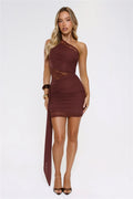 Glow Chaser Lace Mesh One Shoulder Mini Dress Brown