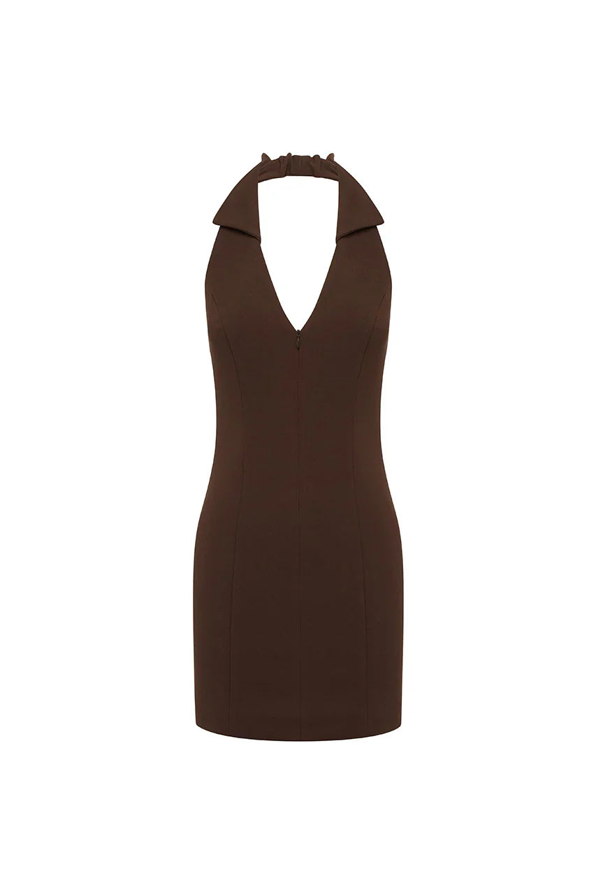 ARCHER COLLAR ZIP FRONT MINI DRESS - BITTER CHOCOLATE
