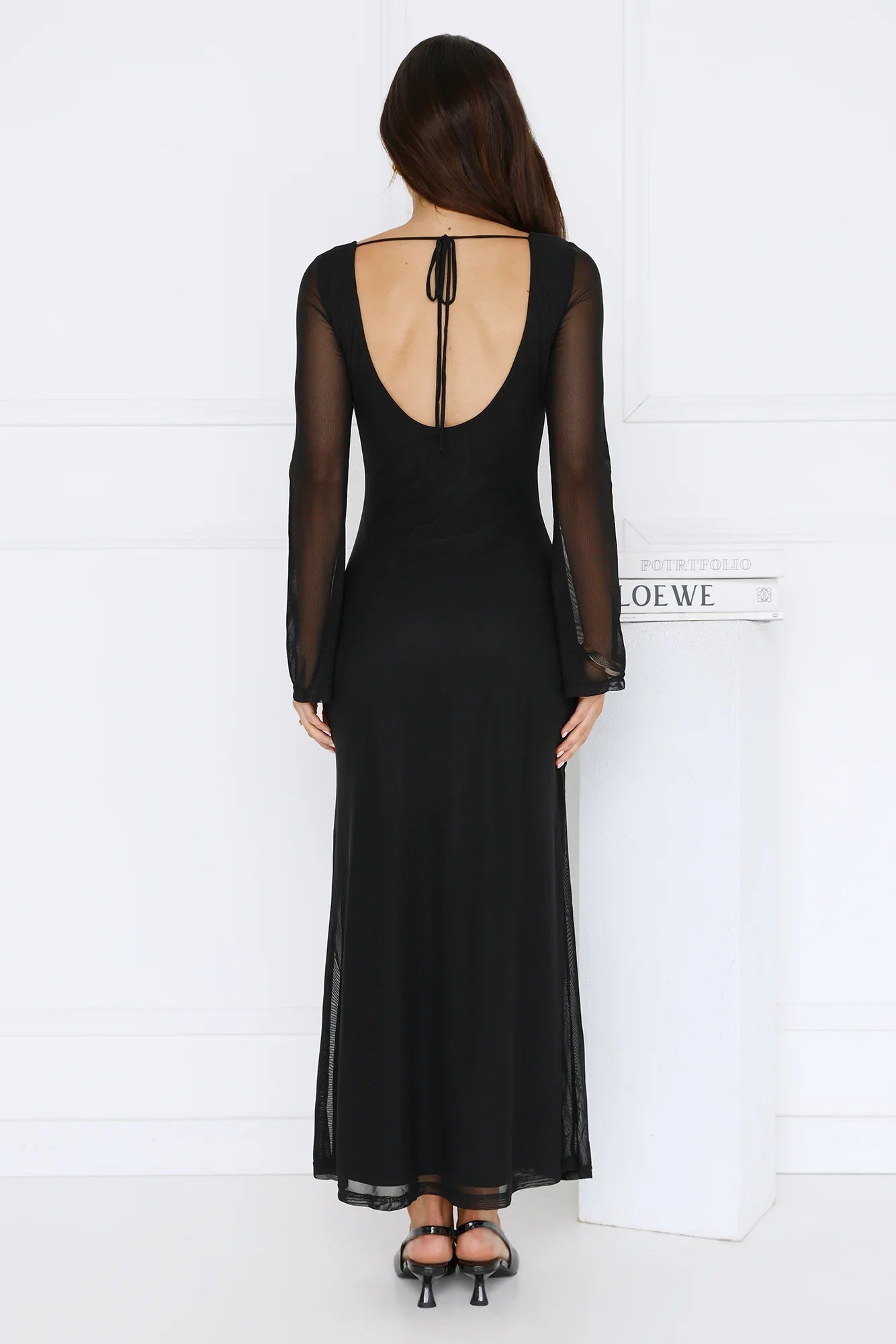 Golden Flower Mesh Long Sleeve Maxi Dress Black
