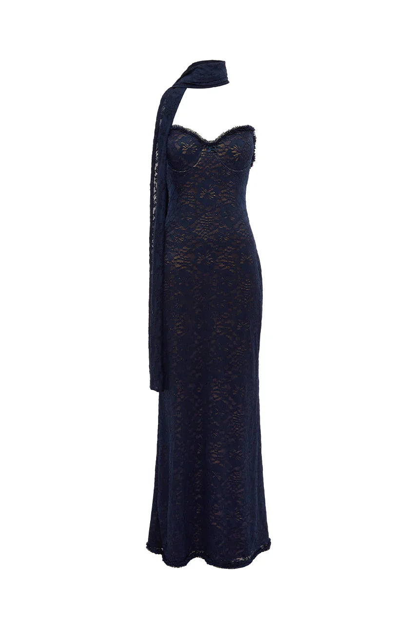 AMANA STRAPLESS SCARF MAXI DRESS - NAVY