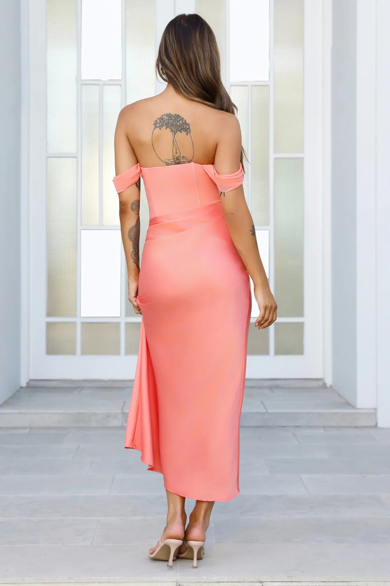 Sunrise Bloom Off Shoulder Mesh Maxi Dress Coral