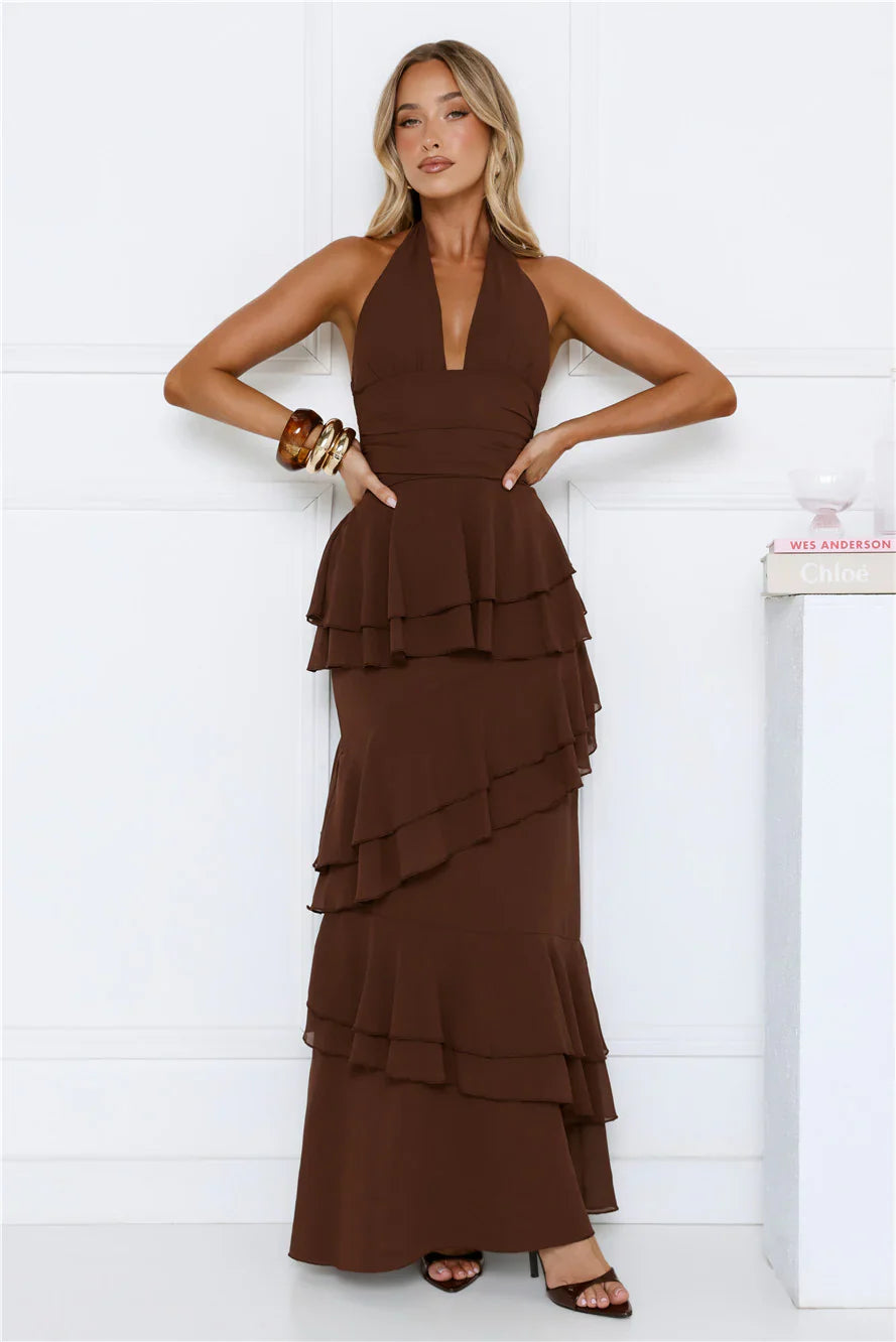 Power Glow Halter Maxi Dress Brown